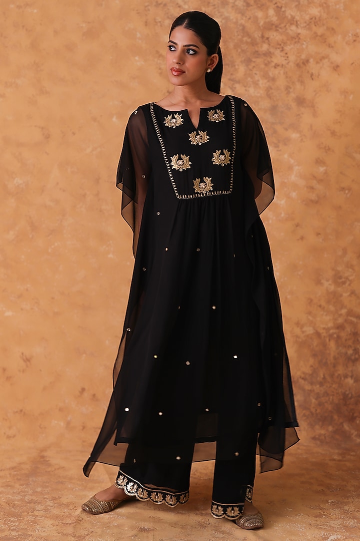 Black Georgette Mirror Embroidered Kaftan Set by POULI at Pernia's Pop Up Shop