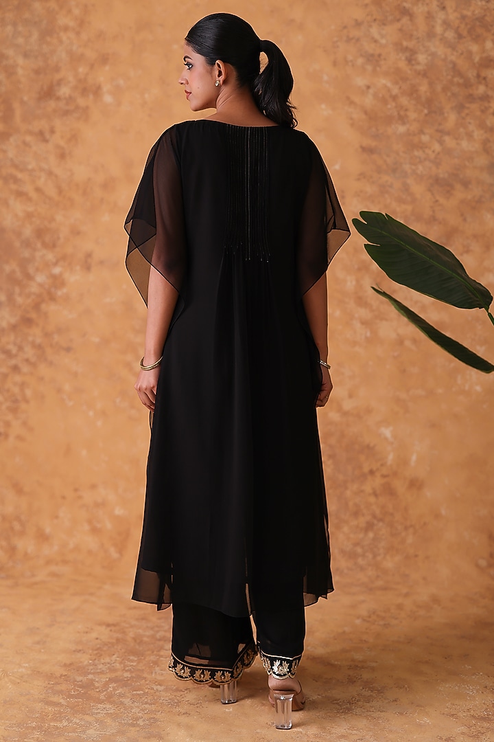Black Georgette Mirror Embroidered Kaftan Set by POULI at Pernia's Pop Up Shop