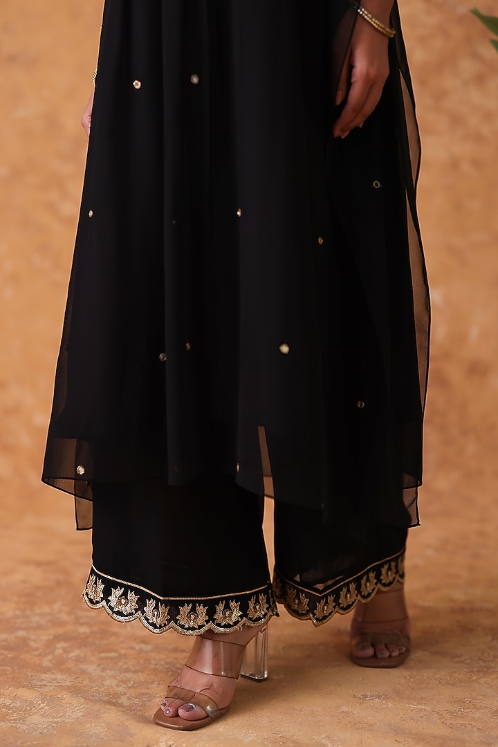 Black Georgette Mirror Embroidered Kaftan Set by POULI at Pernia's Pop Up Shop