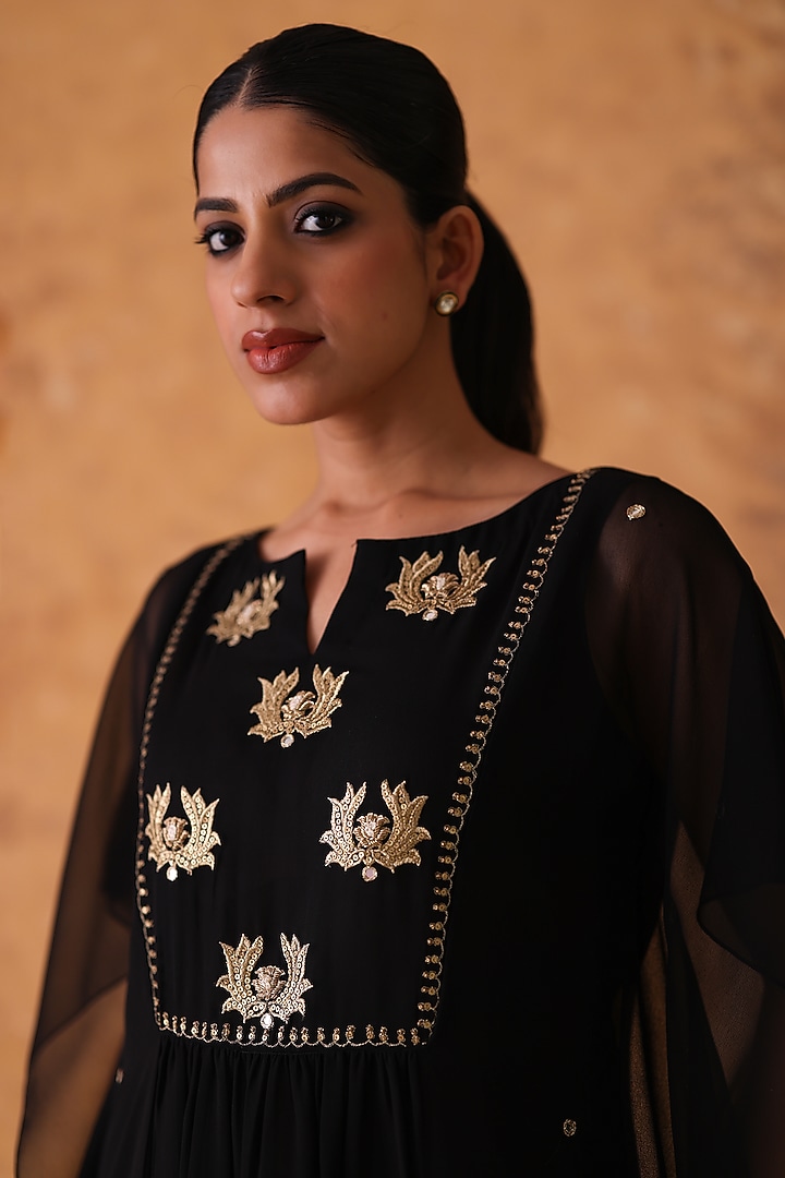 Black Georgette Mirror Embroidered Kaftan Set by POULI at Pernia's Pop Up Shop