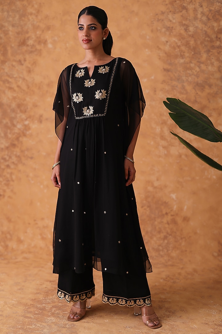 Black Georgette Mirror Embroidered Kaftan Set by POULI at Pernia's Pop Up Shop