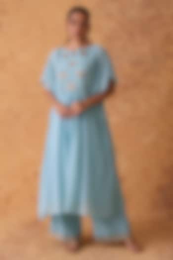 Blue Georgette Mirror Embroidered Kaftan Set by POULI at Pernia's Pop Up Shop
