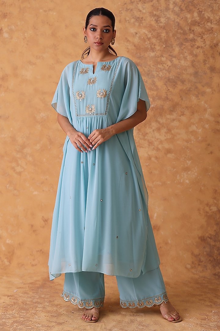Blue Georgette Mirror Embroidered Kaftan Set by POULI at Pernia's Pop Up Shop