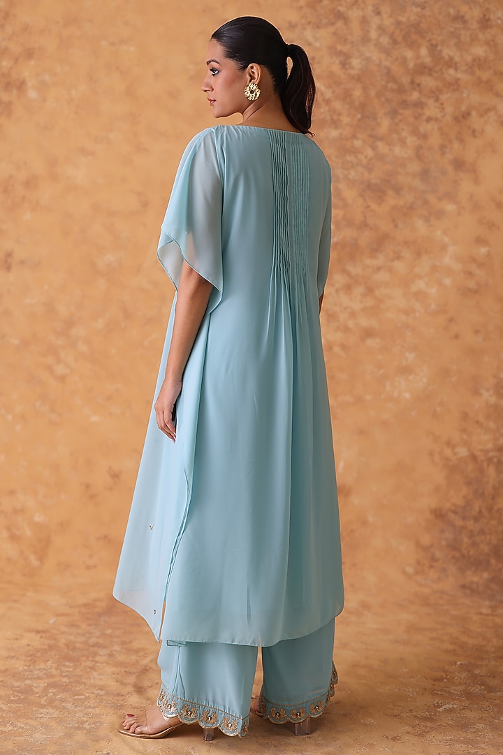 Blue Georgette Mirror Embroidered Kaftan Set by POULI at Pernia's Pop Up Shop