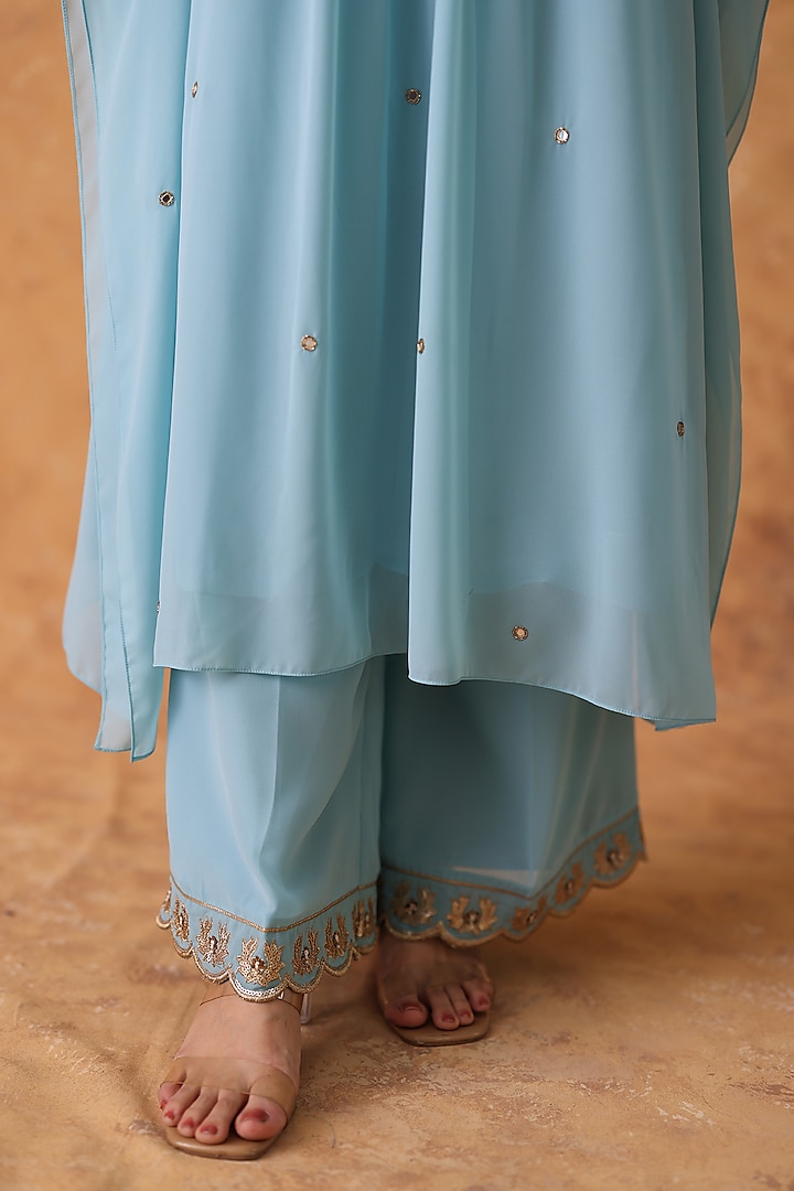 Blue Georgette Mirror Embroidered Kaftan Set by POULI at Pernia's Pop Up Shop