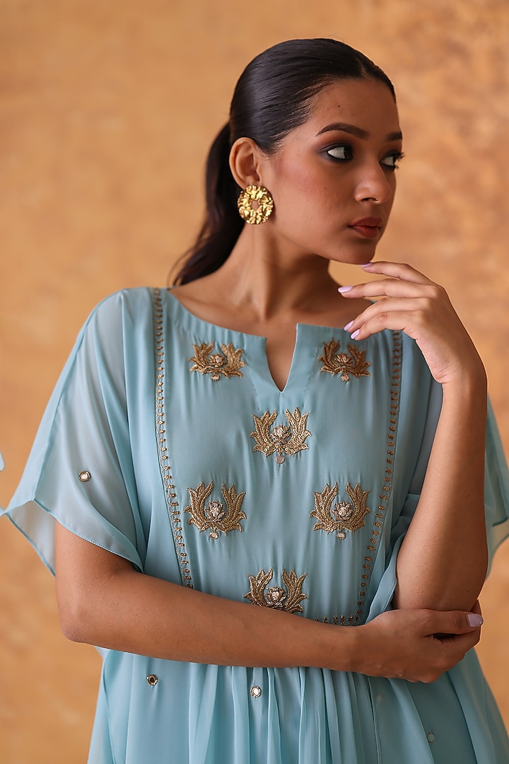 Blue Georgette Mirror Embroidered Kaftan Set by POULI at Pernia's Pop Up Shop