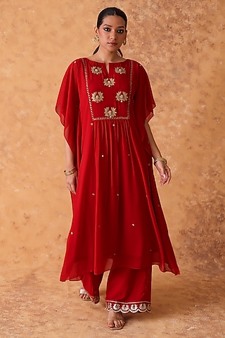 Red Georgette Mirror Embroidered Kaftan Set by POULI
