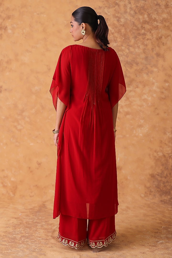 Red Georgette Mirror Embroidered Kaftan Set by POULI at Pernia's Pop Up Shop