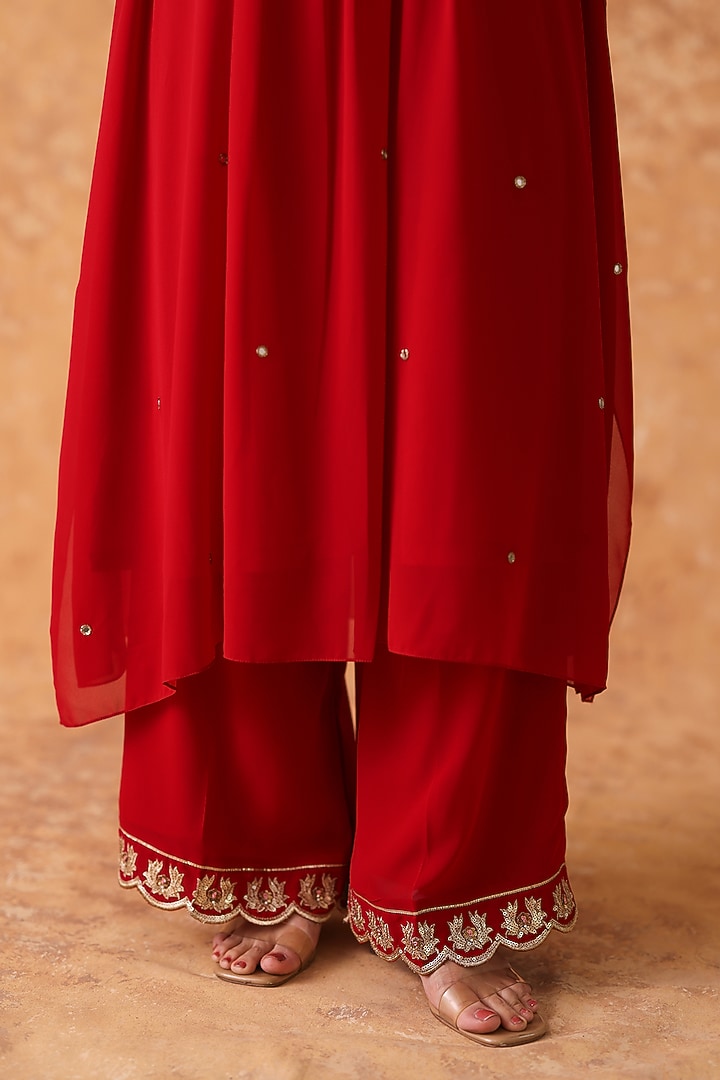 Red Georgette Mirror Embroidered Kaftan Set by POULI at Pernia's Pop Up Shop