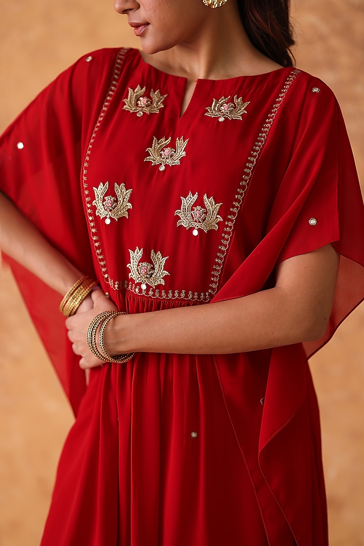 Red Georgette Mirror Embroidered Kaftan Set by POULI at Pernia's Pop Up Shop