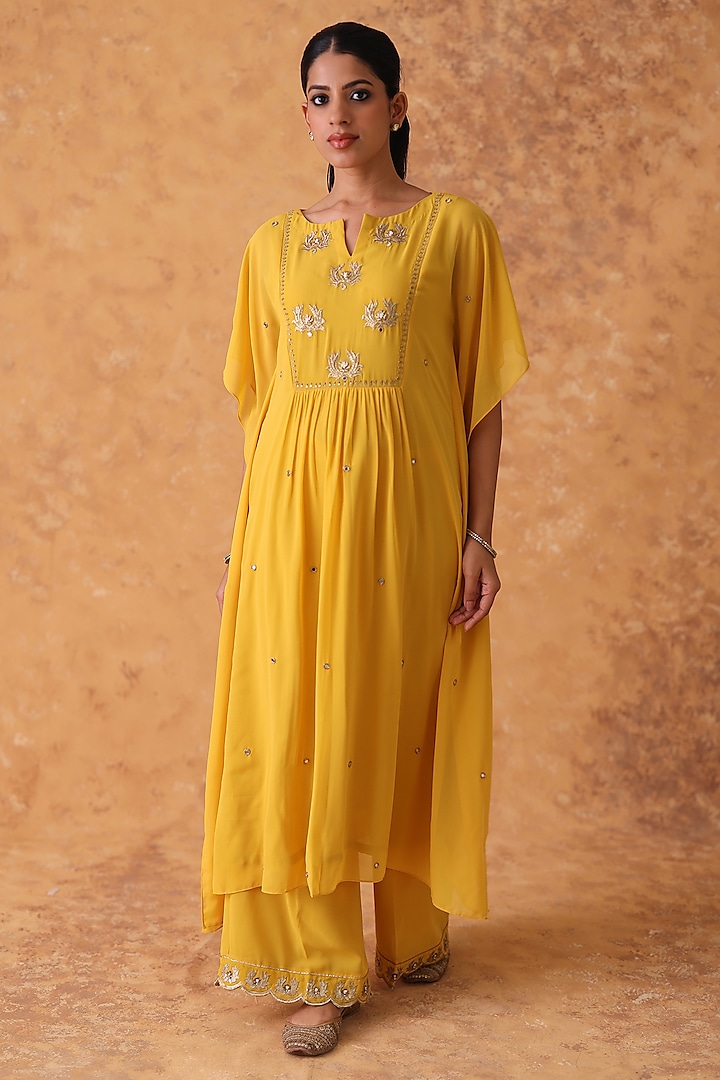 Yellow Georgette Mirror Embroidered Kaftan Set by POULI at Pernia's Pop Up Shop