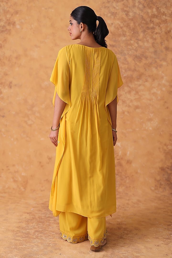 Yellow Georgette Mirror Embroidered Kaftan Set by POULI at Pernia's Pop Up Shop