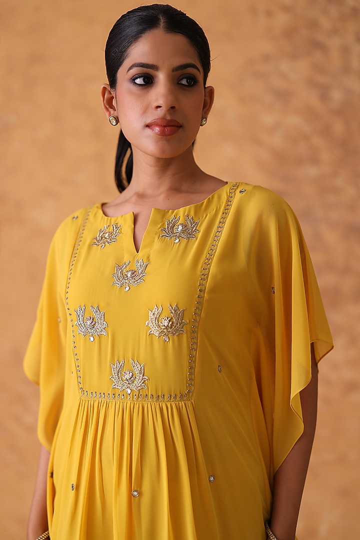 Yellow Georgette Mirror Embroidered Kaftan Set by POULI at Pernia's Pop Up Shop