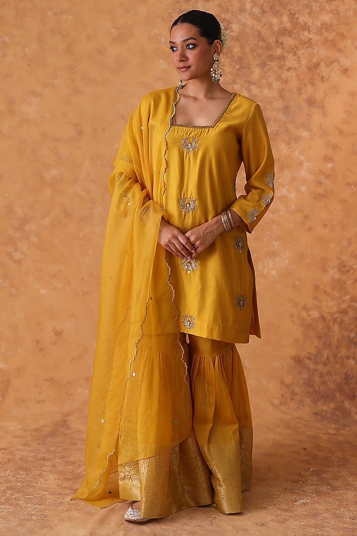 Yellow Chanderi Gharara Set by POULI at Pernia's Pop Up Shop
