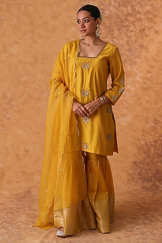 Yellow Chanderi Gharara Set by POULI