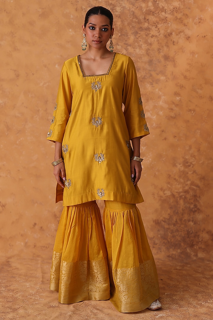 Yellow Chanderi Gharara Set by POULI at Pernia's Pop Up Shop