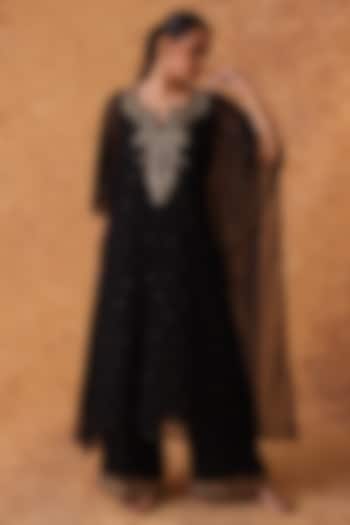 Black Georgette Sequins Embroidered Kaftan Set by POULI at Pernia's Pop Up Shop