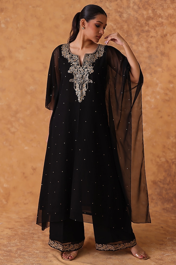 Black Georgette Sequins Embroidered Kaftan Set by POULI at Pernia's Pop Up Shop
