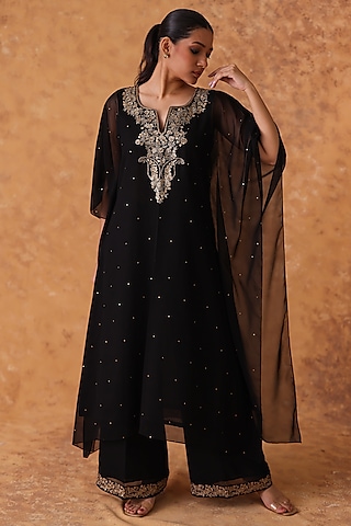 Black Georgette Sequins Embroidered Kaftan Set by POULI