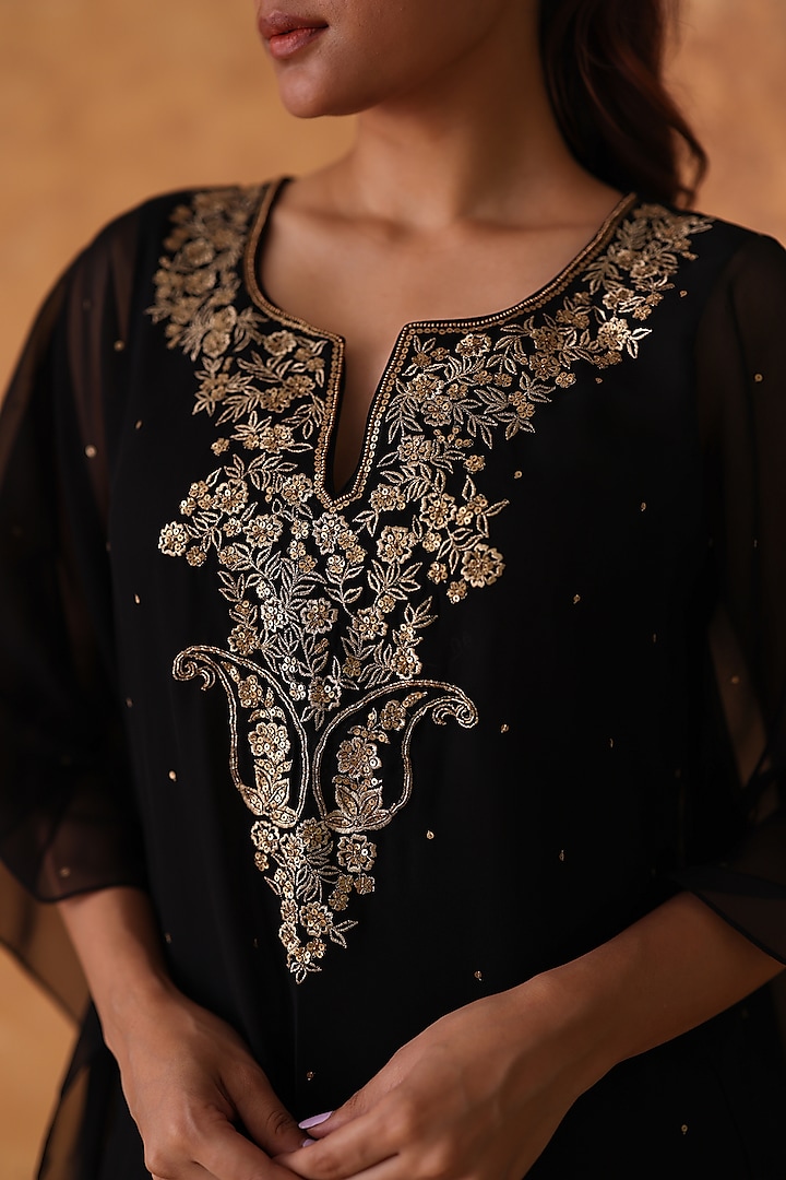 Black Georgette Sequins Embroidered Kaftan Set by POULI at Pernia's Pop Up Shop
