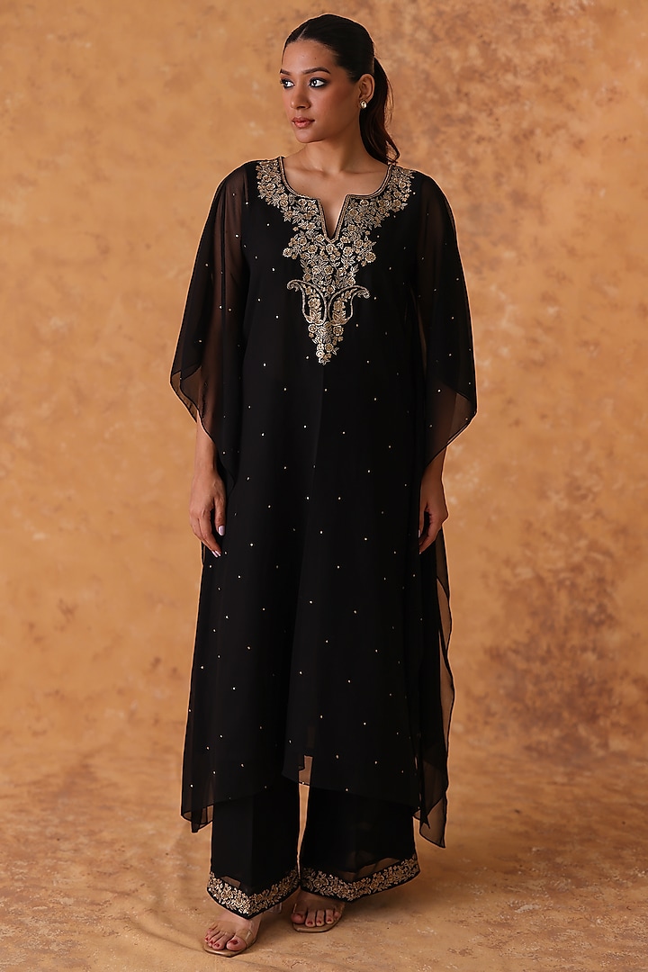 Black Georgette Sequins Embroidered Kaftan Set by POULI at Pernia's Pop Up Shop
