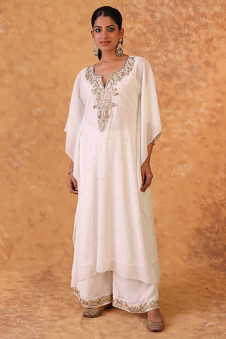 Ivory Georgette Sequins Embroidered Kaftan Set by POULI at Pernia's Pop Up Shop