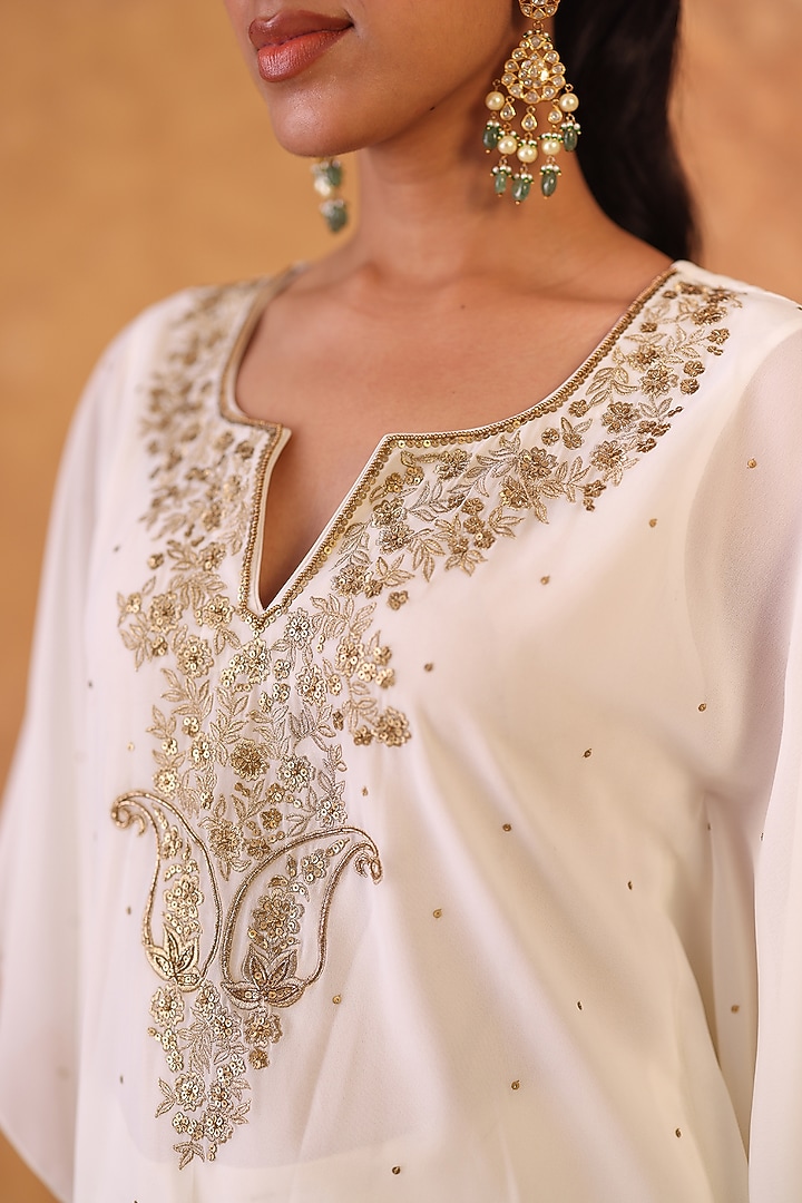 Ivory Georgette Sequins Embroidered Kaftan Set by POULI at Pernia's Pop Up Shop