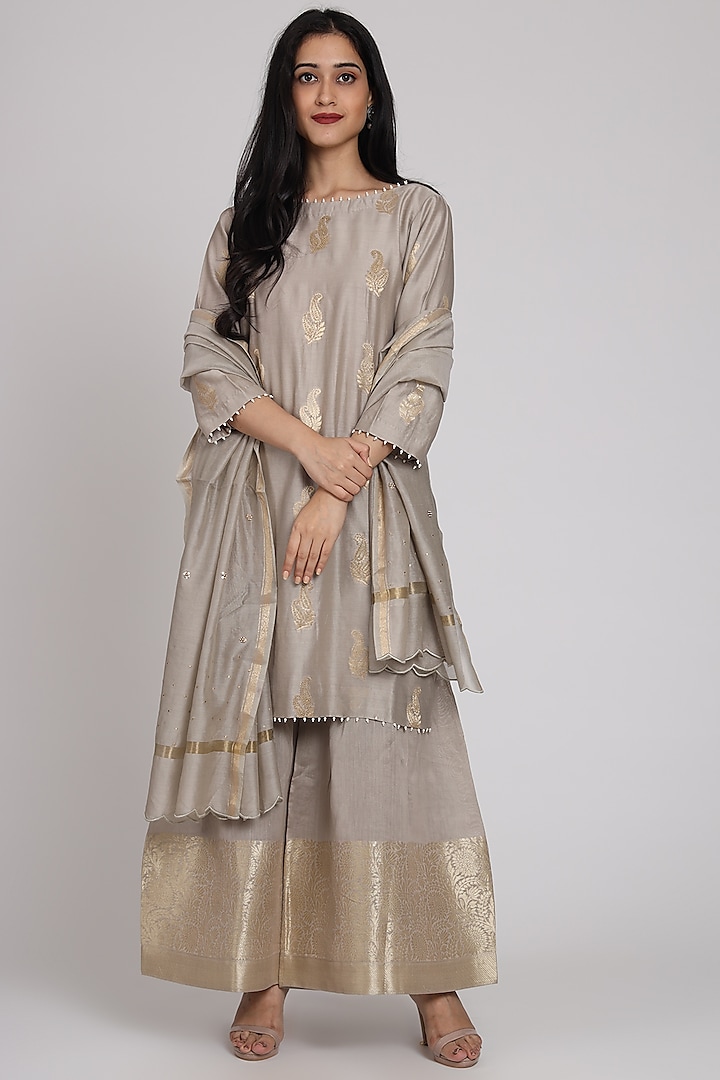 Grey Embroidered Gharara Set by Pouli
