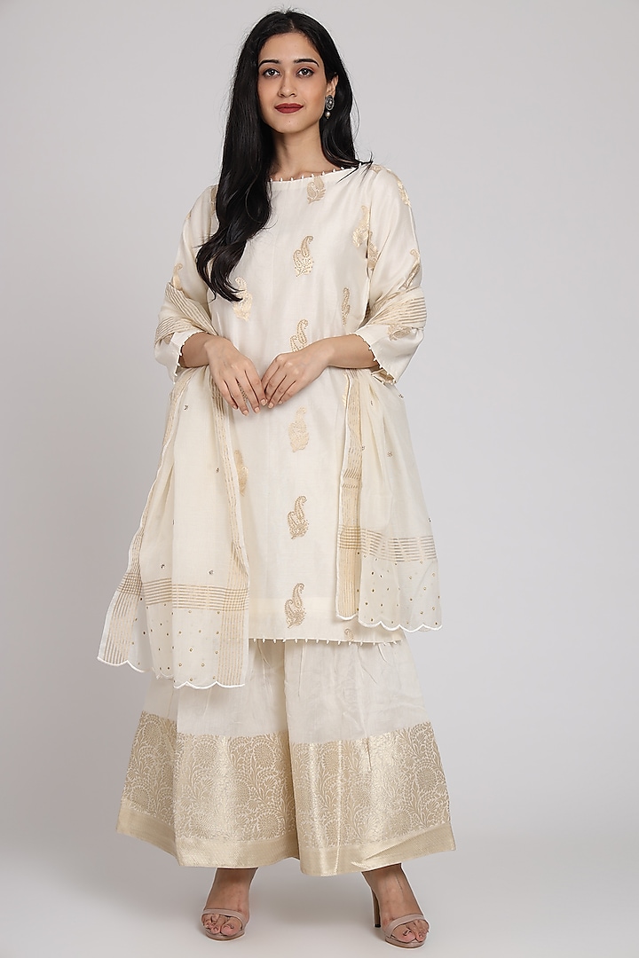 White Embroidered Gharara Set by Pouli