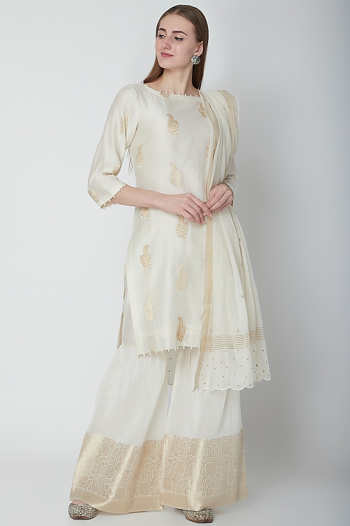 Off White Embroidered Gharara Set by POULI