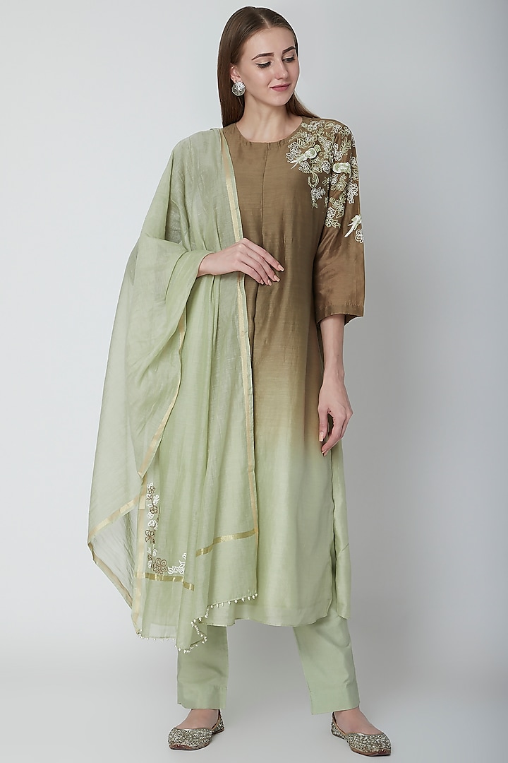 Olive Green Embroidered Ombre Kurta Set by POULI