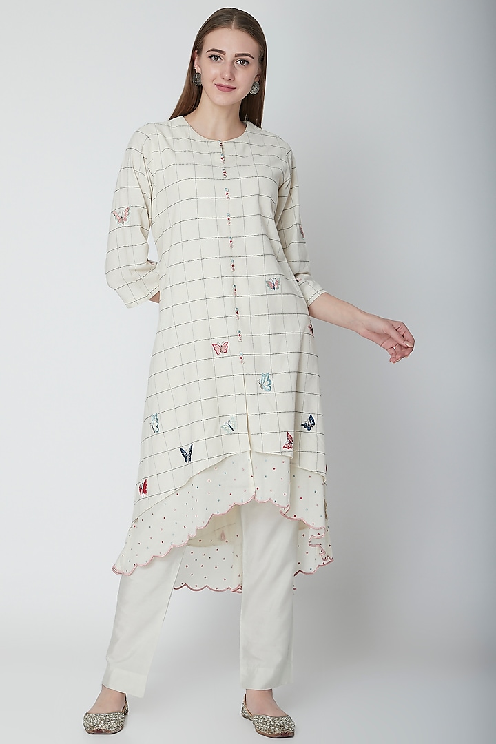 White Embroidered Asymmetric Kurta by POULI