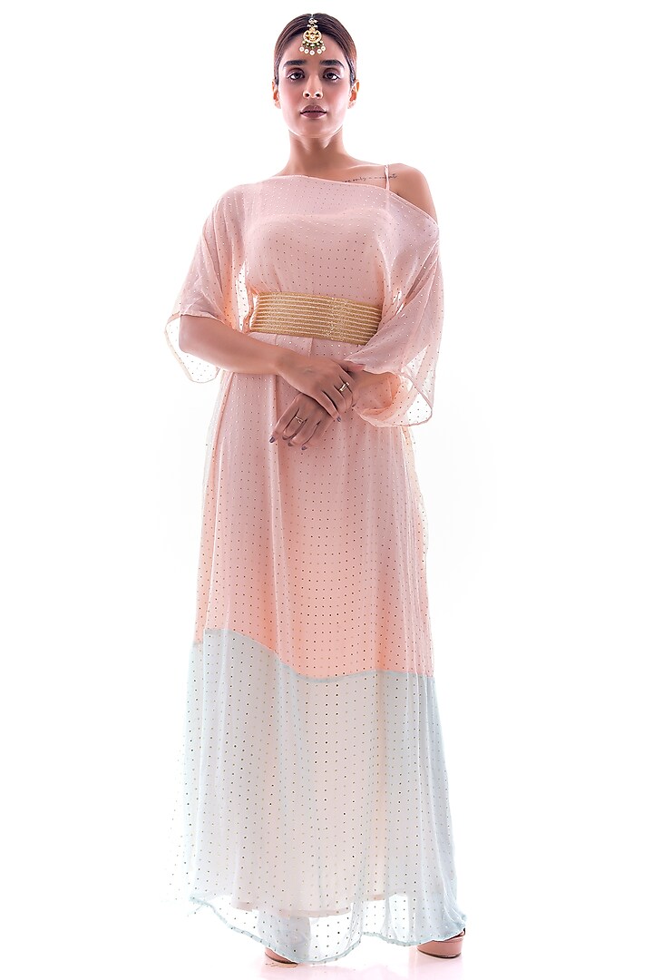 Blush Pink & Aqua Georgette Kaftan Vacation Dress by Pooja Rajpal Jaggi at Pernia's Pop Up Shop