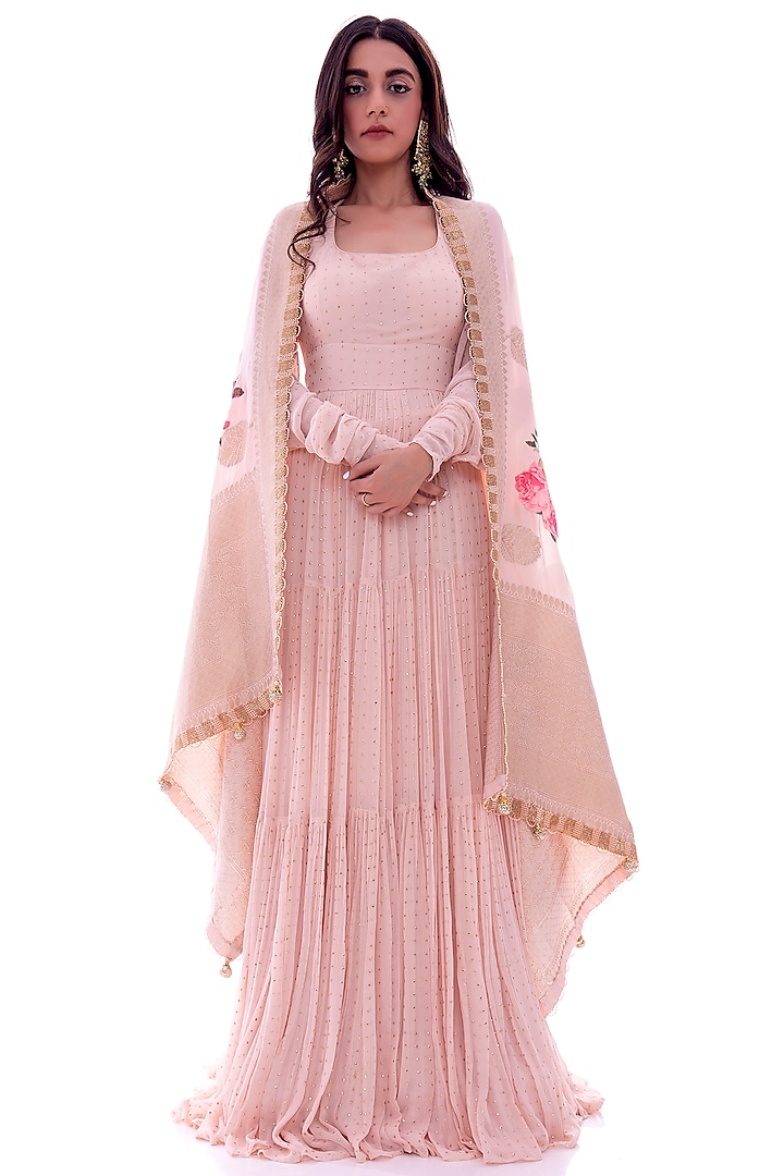 Blush Pink Georgette & Crepe Tiered Anarkali Set by Pooja Rajpal Jaggi