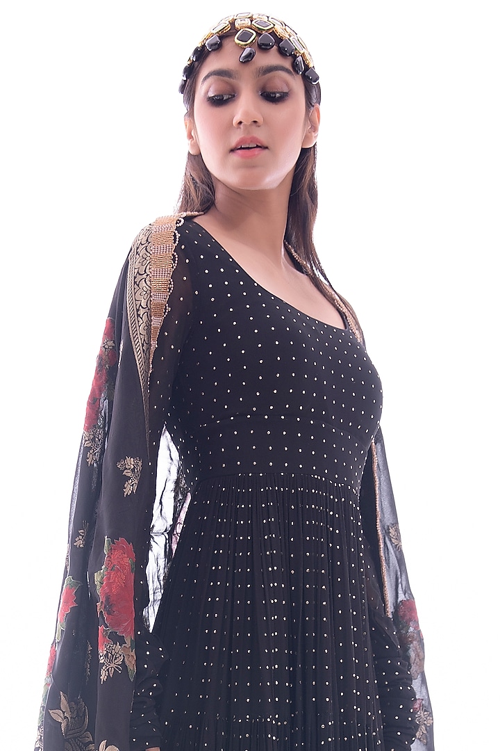 Black Georgette & Crepe Tiered Wedding Anarkali Set by Pooja Rajpal Jaggi at Pernia's Pop Up Shop