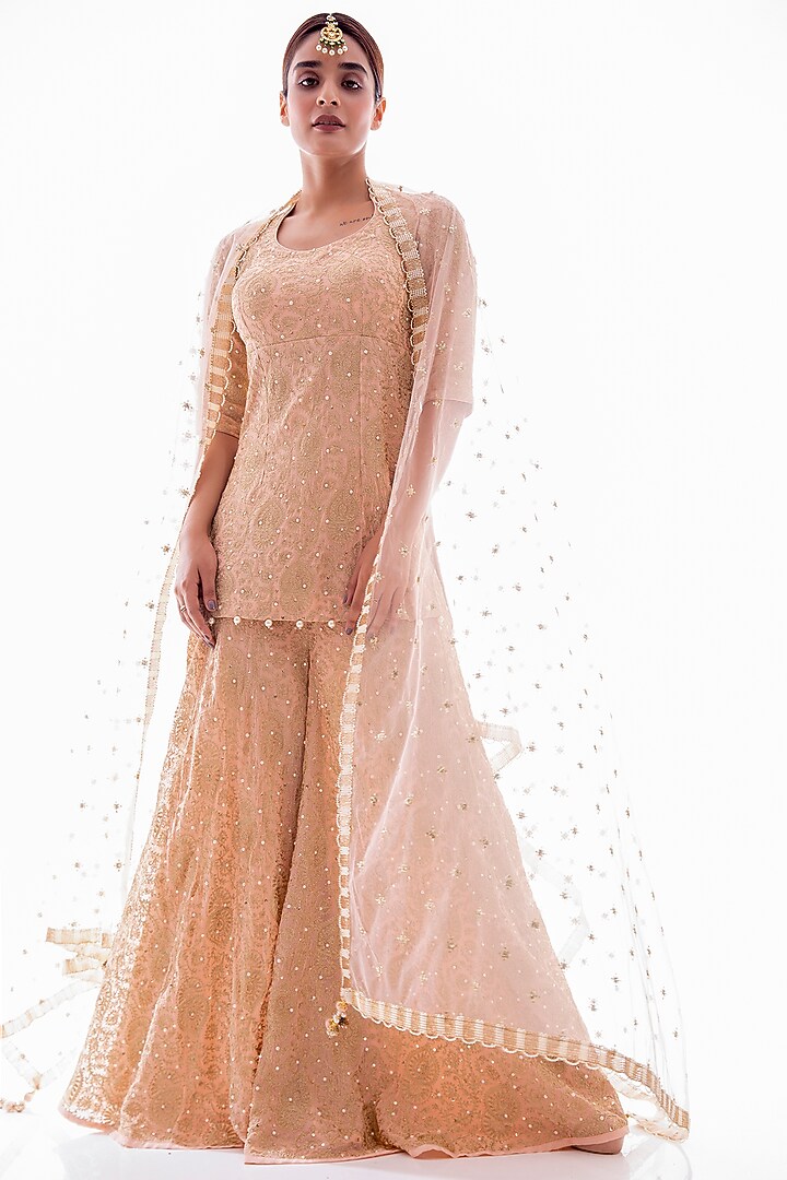 Peach Aari Embroidered Wedding Sharara Set by Pooja Rajpal Jaggi at Pernia's Pop Up Shop