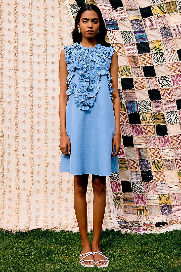 Light Blue Cotton Denim Frilled Mini Dress by Pooja Shroff