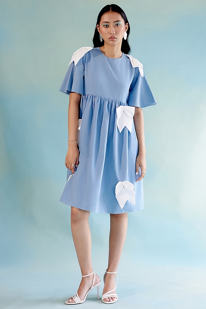 Light Blue & White Cotton Denim Mini Dress by Pooja Shroff