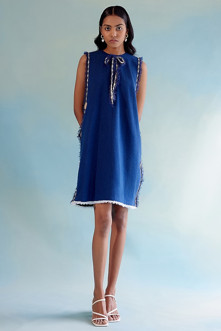 Dark Blue Denim Lace Embroidered Mini Dress by Pooja Shroff