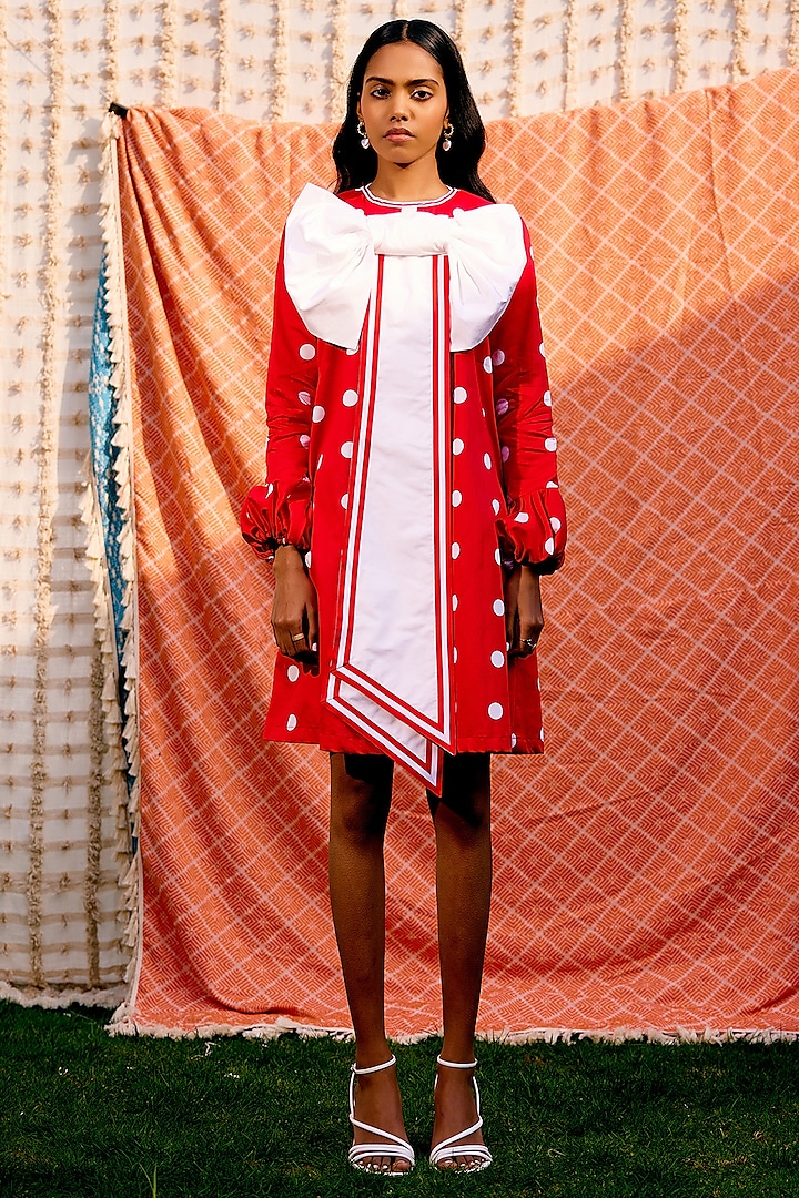 Red Cotton Bow Mini Dress by Pooja Shroff