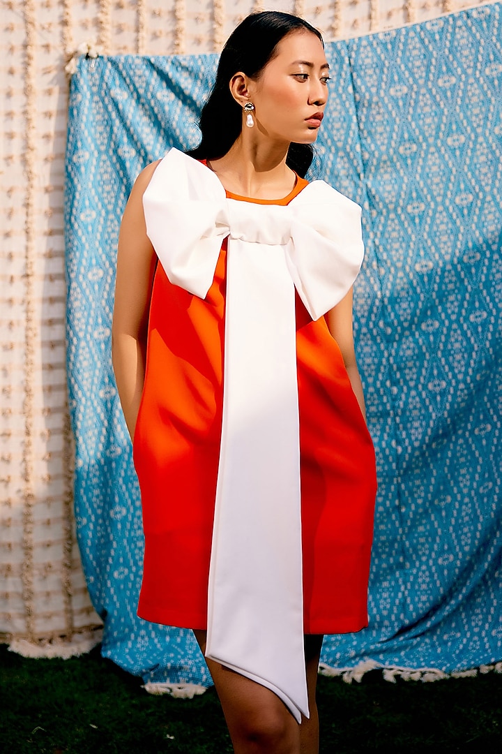 Red & White Banana Crepe Bow Mini Dress by Pooja Shroff