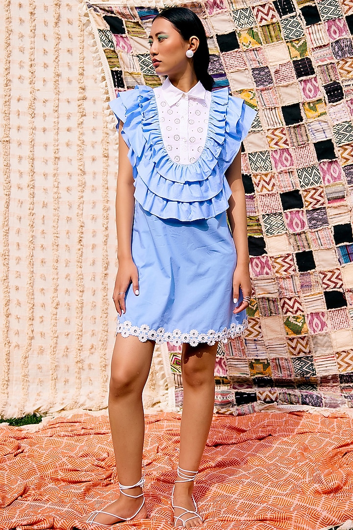 Blue & White Cotton Polka Dot Ruffled Shirt Dress by Pooja Shroff
