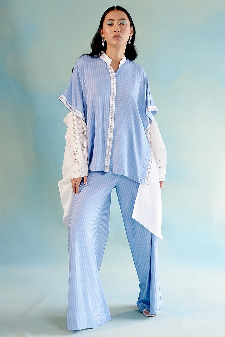 White & Blue Cotton Asymmetric Shirt by Pooja Shroff