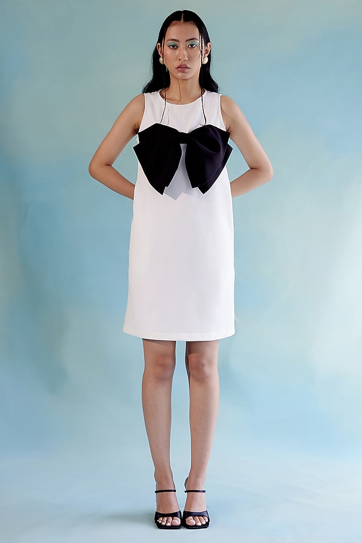 White & Black Banana Crepe Mini Dress by Pooja Shroff