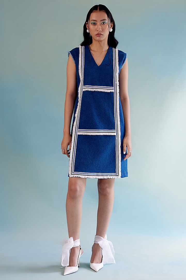 Greenish Blue Denim Knee-Length Dress by Pooja Shroff