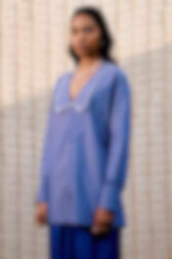 Light Blue Cotton Denim Polka Dot Shirt by Pooja Shroff