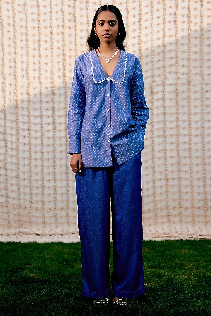 Light Blue Cotton Denim Polka Dot Shirt by Pooja Shroff at Pernia's Pop Up Shop