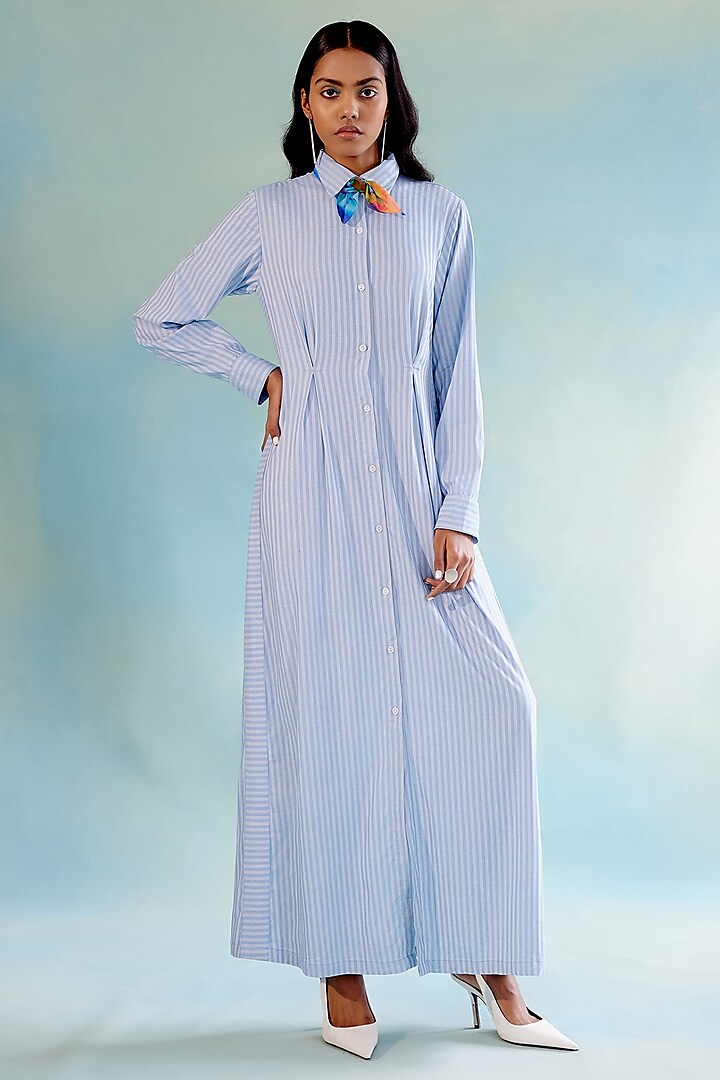 Light Blue Striped Denim Maxi Dress by Pooja Shroff