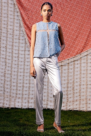 Silver Metallic Foil Pants by Pooja Shroff