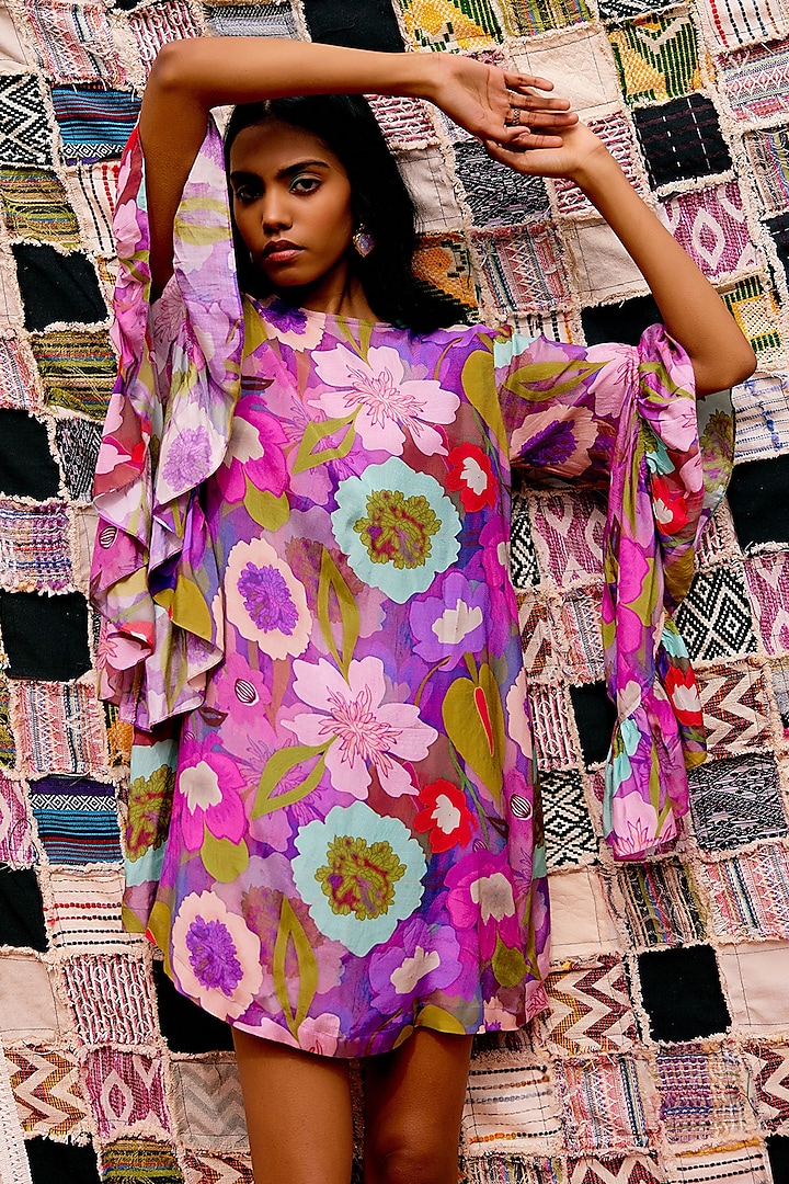 Multi-Colored Muslin Silk Mini Ruffled Dress by Pooja Shroff